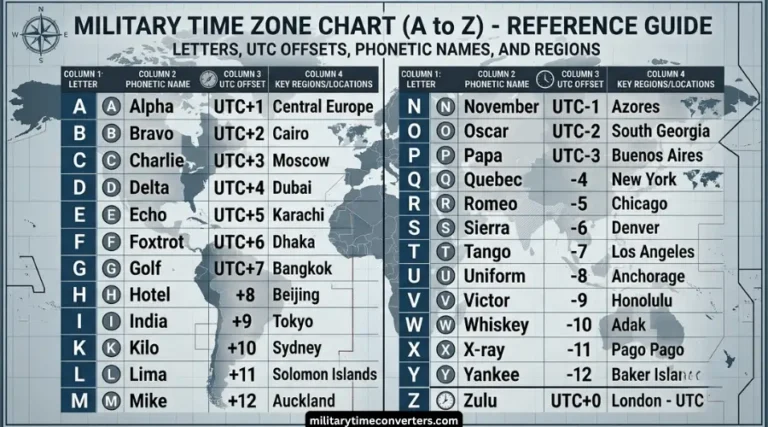 Military Time Zone Chart (A to Z)