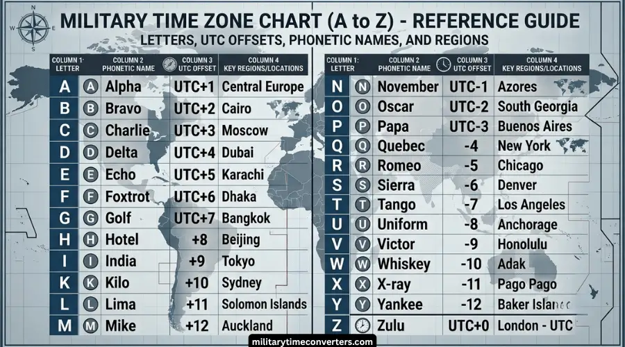 Military Time Zones Chart (A to Z)