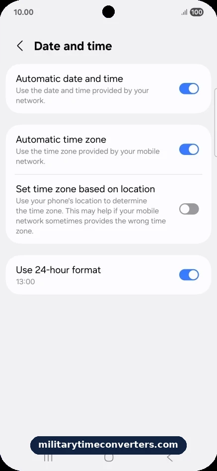 Samsung Galaxy Date and time settings with Use 24-hour format toggle turned on