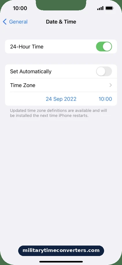 iPhone Settings Date and Time screen with 24-Hour Time toggle turned on