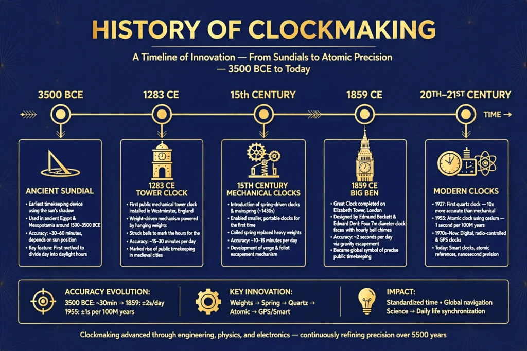 Timeline showing history of clockmaking from ancient sundials to Big Ben