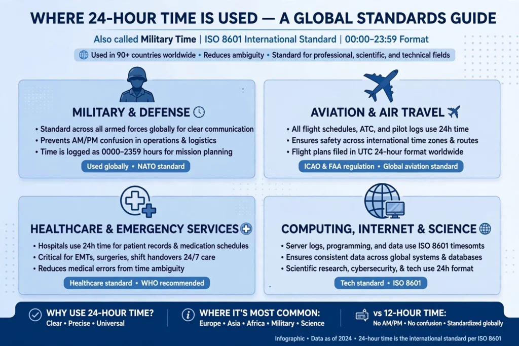 Chart showing where 24-hour time is used in military aviation and healthcare
