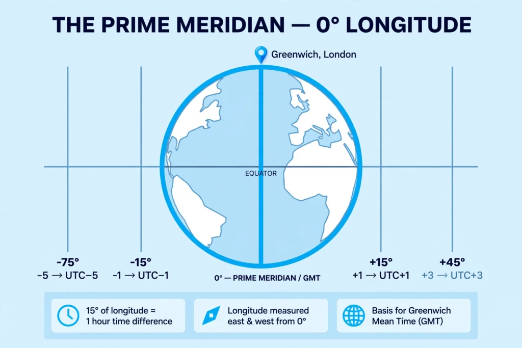 Prime Meridian zero degrees longitude diagram through Greenwich