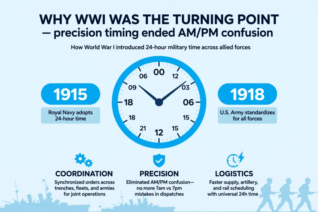 World War I military 24-hour clock adoption infographic